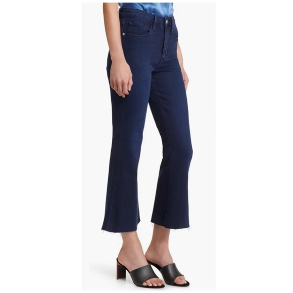 Frame Le Crop High Rise Flare Raw Hem Jeans Fiona Dark Washed Denim 32 - Picture 11 of 11